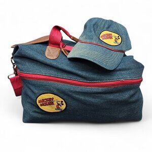 Disney Vintage 90's Expandable Duffle Cotton Denim Leather Weekend Bag & Hat